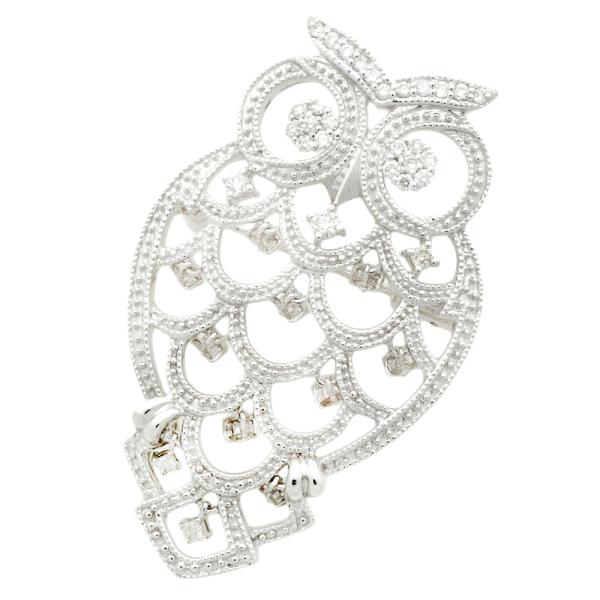 No-brand Owl-Motif Brooch with Pendant in K18WG, featuring 0.77ct Diamonds, Silver, for Women