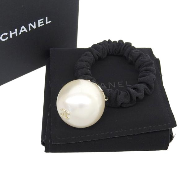 Chanel CC Faux Pearl Embellished Hair Scrunchie Canvas Hair Accessory in Excellent condition