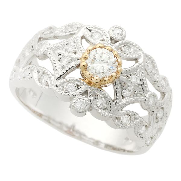 Platinum Pt900/K18YG Ring with 0.24ct Diamond and 0.26ct Melee Diamond, Size 11, No Brand, Women's