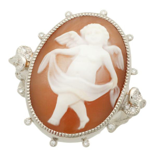 Platinum (Pt900) Shell Cameo Ring with 0.22ct Melee Diamond, Shell, and 12 Ring Size for Women