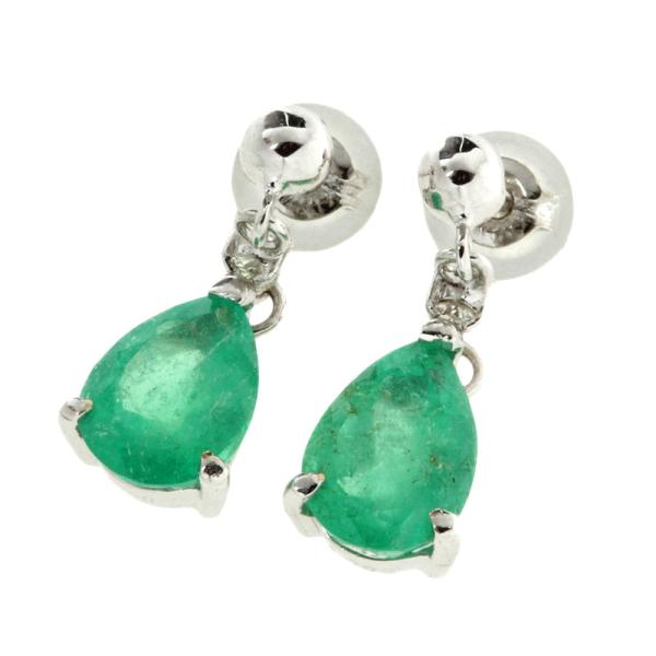 Like New Dangling Natural Beryl Earrings, K18 White Gold with Emerald 0.90ct×2 and Diamond 0.02ct×2 Ladies Silver Earrings